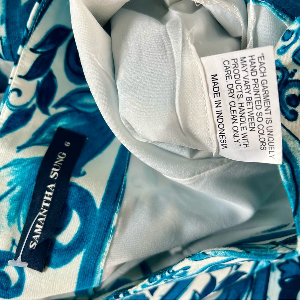 Samantha Sung Floral Paisley Knee Length Full Pencil Skirt White Blue Size US 6 - Picture 6 of 6